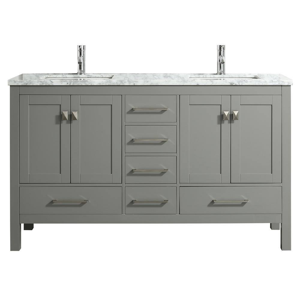 Eviva London 60 in. W x 18 in. D x 34 in. H Double Bathroom Vanity in Gray with White Carrara Marble Top with White Sinks TVN414-60X18GR