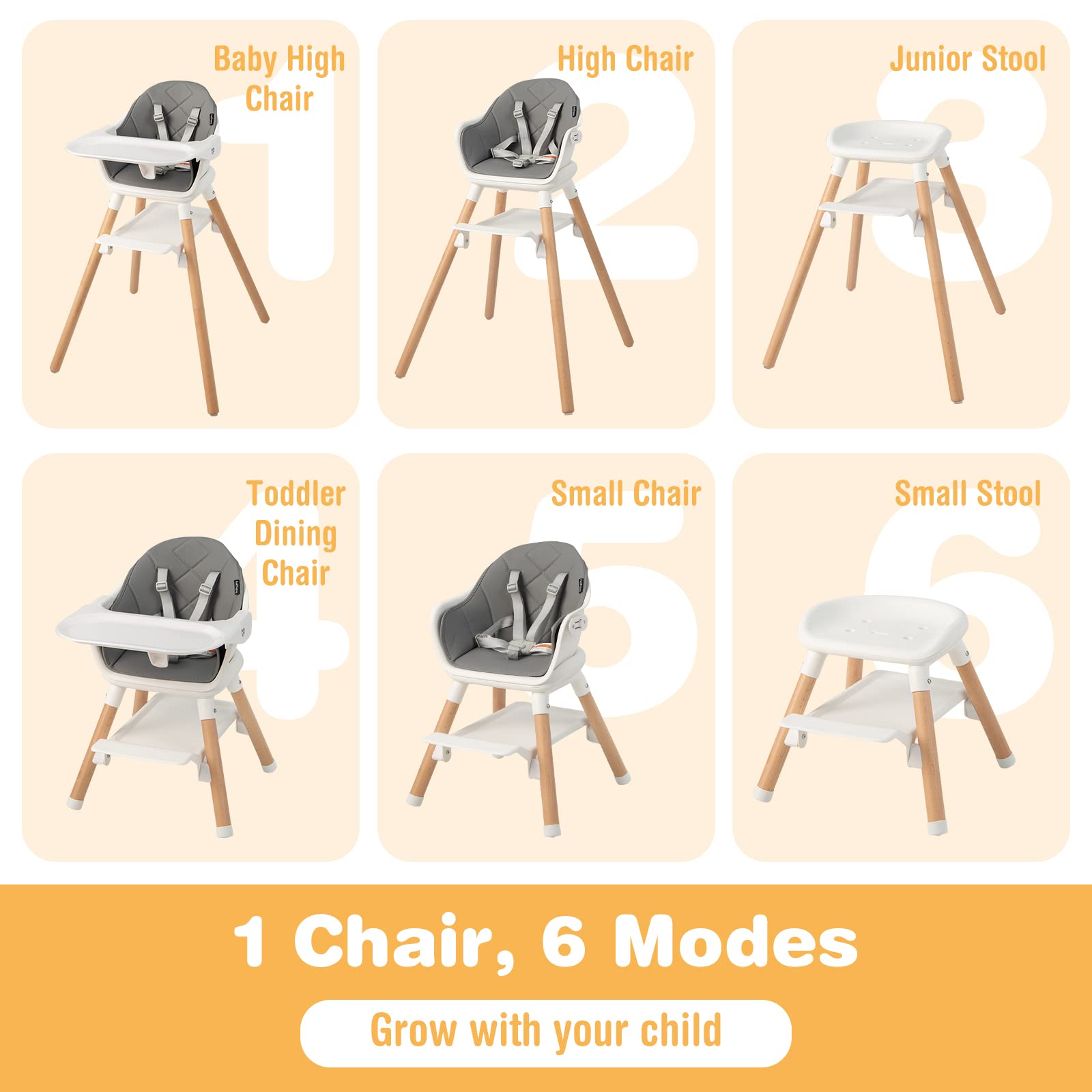 BABY JOY Baby High Chair, 6 in 1 Convertible Wooden High Chair for Babies & Toddlers with Adjustable Legs