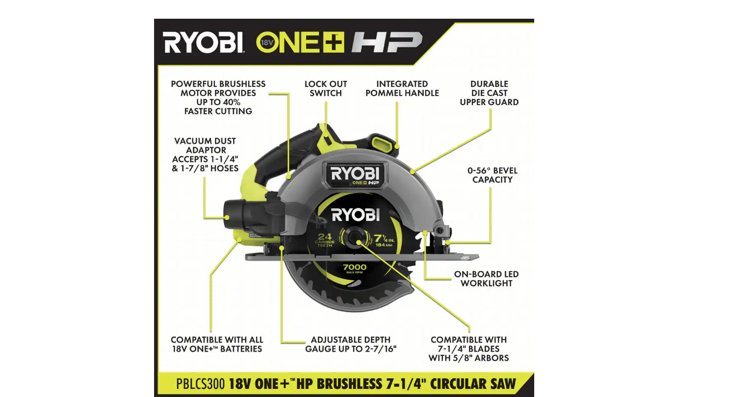 RYOBI PBLCS300K1 ONE+ HP 18V Brushless Cordless 7-1/4 in. Circular Saw Kit with 4.0 Ah HIGH PERFORMANCE Battery and Charger