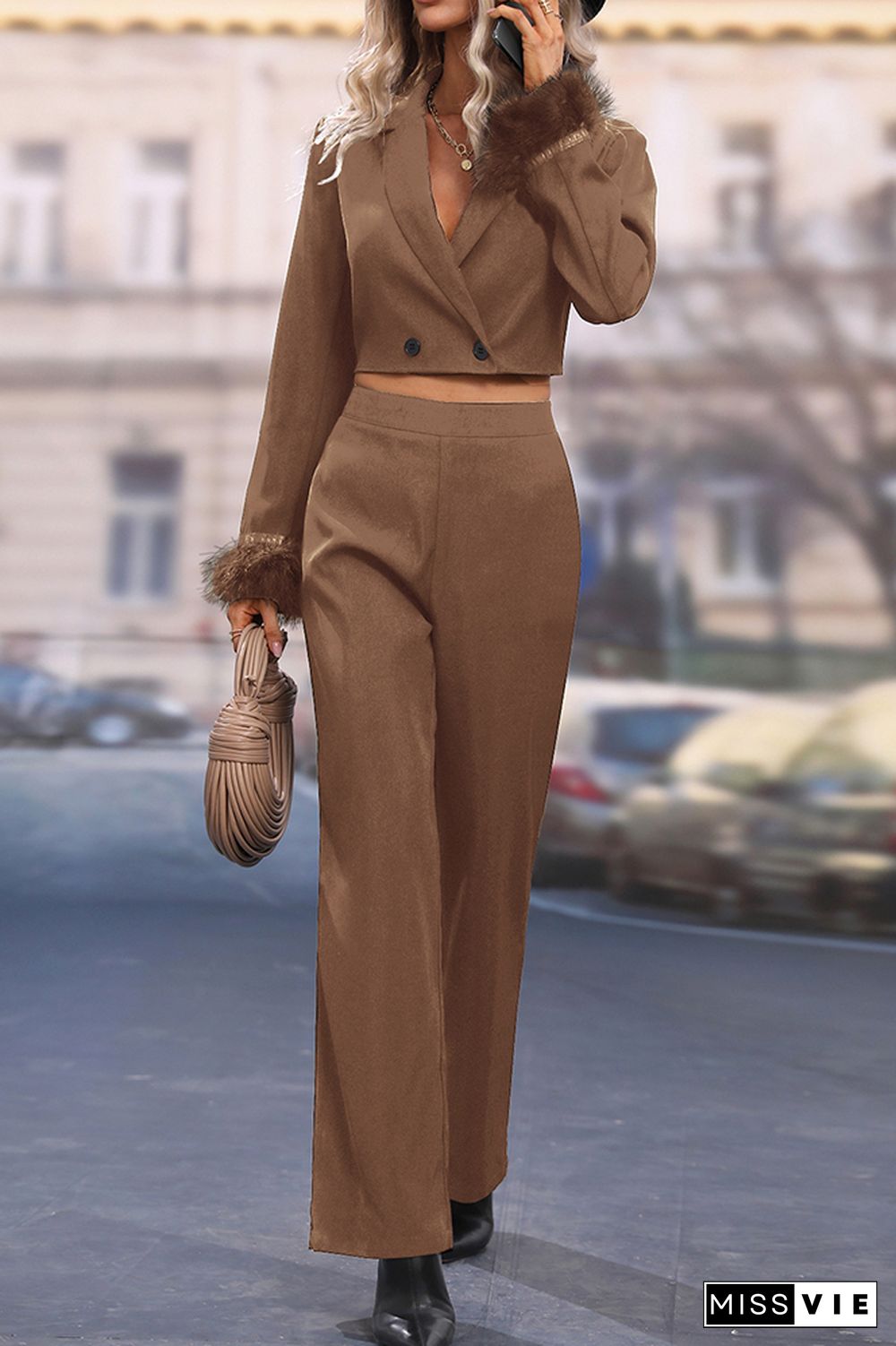 Plain Suit Top and Pants Two Pieces Set