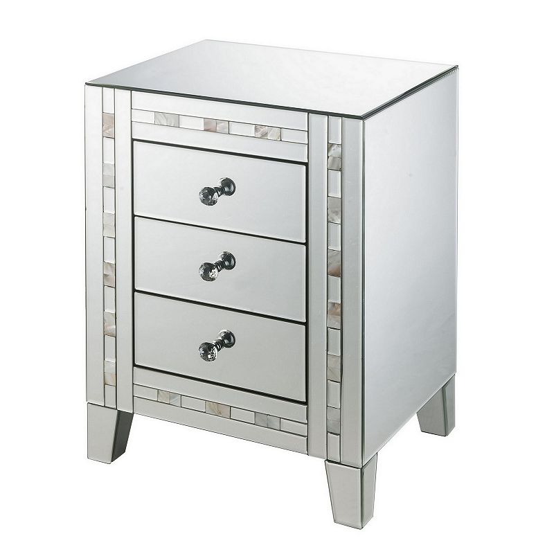 3 Drawer Beveled Mirrored Accent Table with Pearl Inlay， Silver