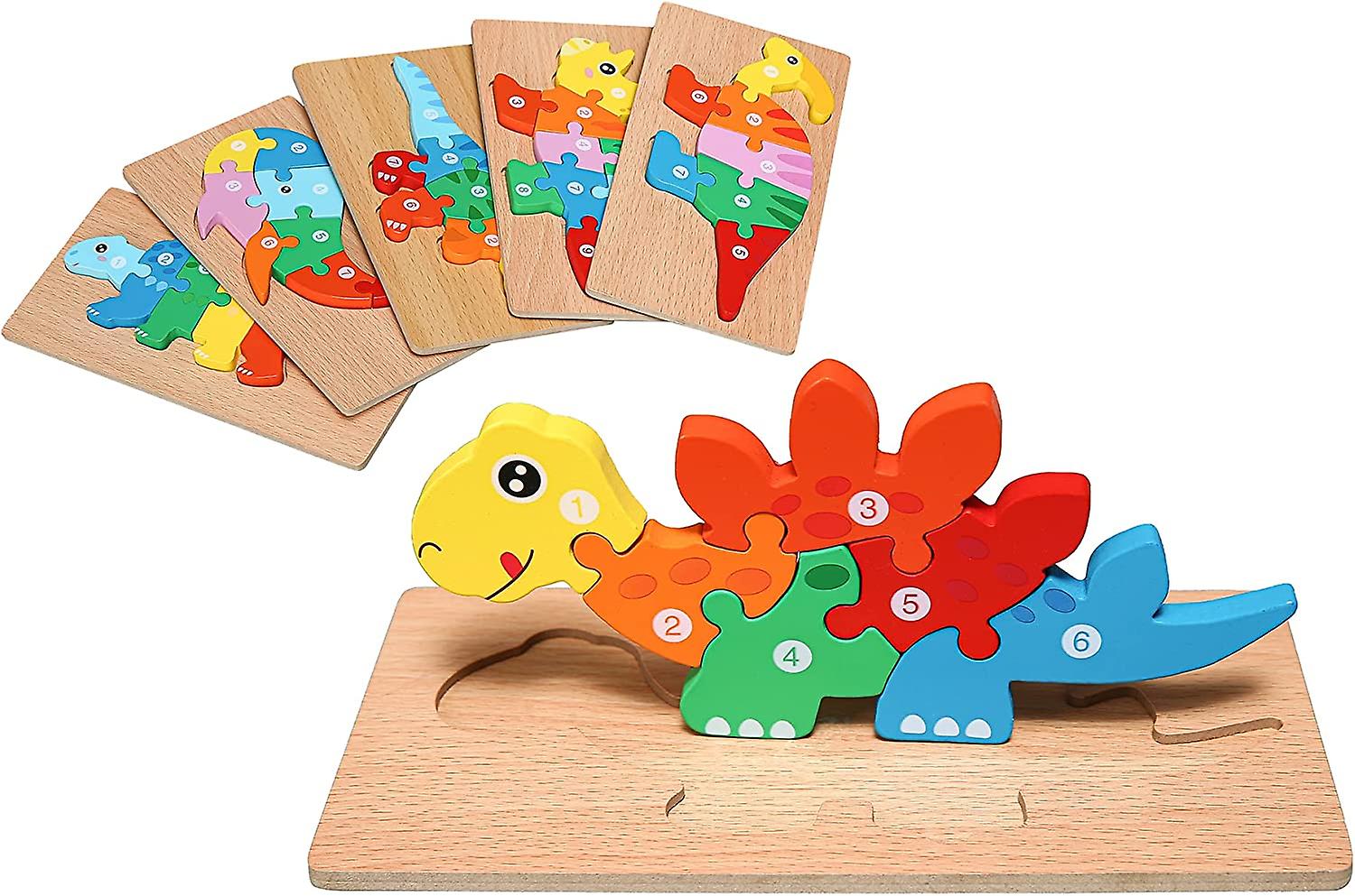 6 Pack Animals Wooden Puzzles For Kids Ages 3-5，cute Dinosaur Whale Toddler Gift Preschool Game Puzzle，cartoon Shapes Numbers Learning Developmental E