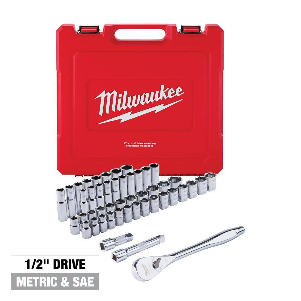 MW 12 in. Drive 24 in. Breaker Bar and 12 in. Drive SAEMetric Ratchet and Socket Mechanics Tool Set (48-Piece) 48-22-9013-48-22-9010