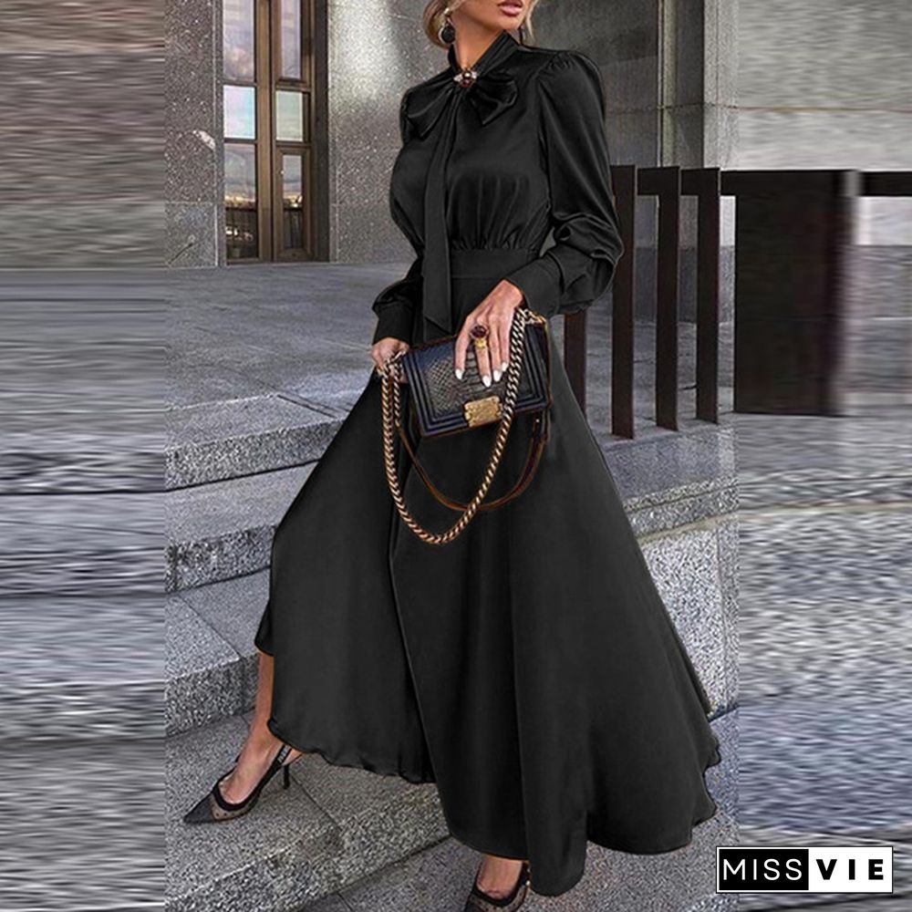 S-5Xl Women Long Sleeve Bow-Knot Crew Neck Solid Color High Waist Satin Maxi Dress Elegant Party Dress Kleid