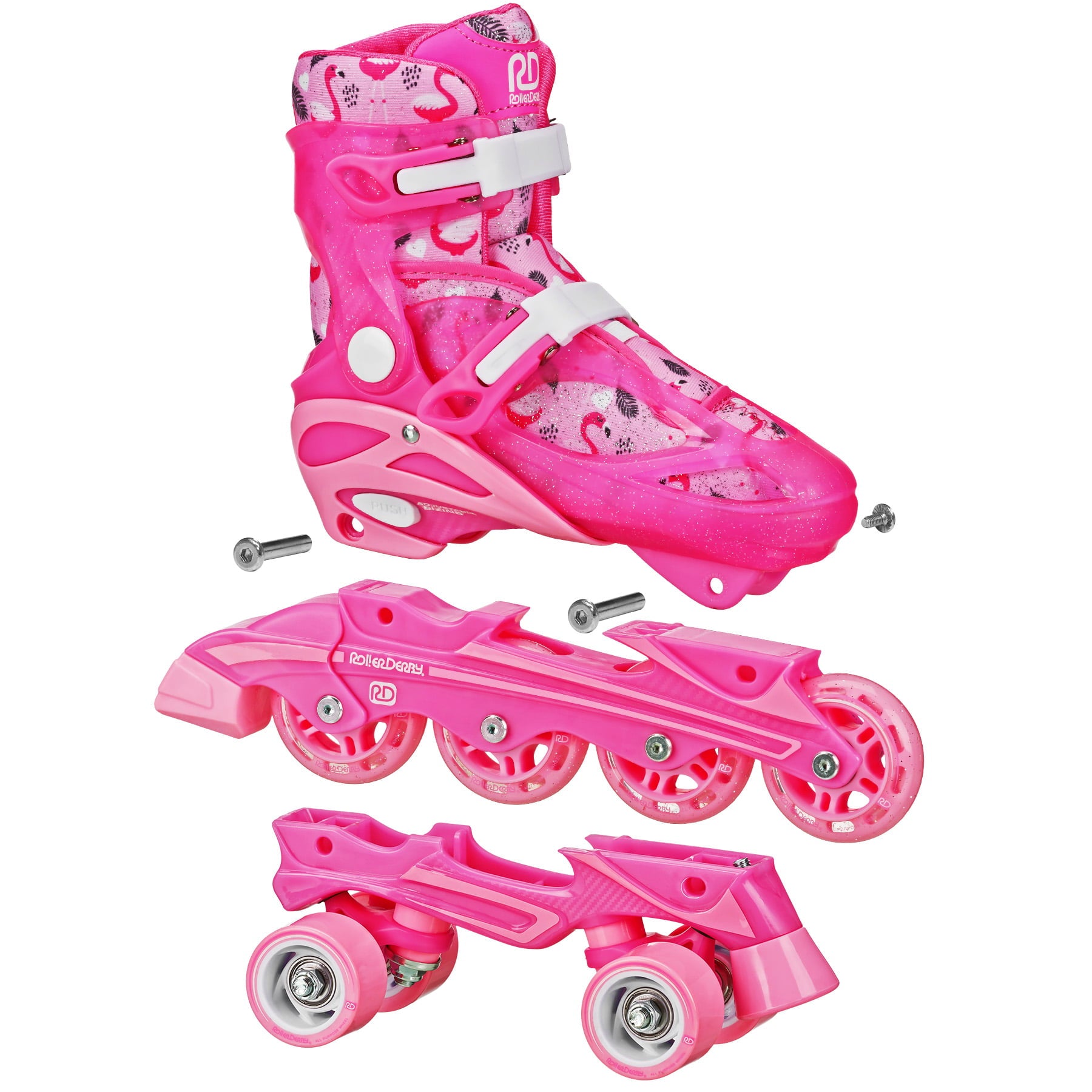 Roller Derby Sprinter Girl's 2-in-1 Quad Roller and Inline Skates Combo, Flamingo (Size 12-2)