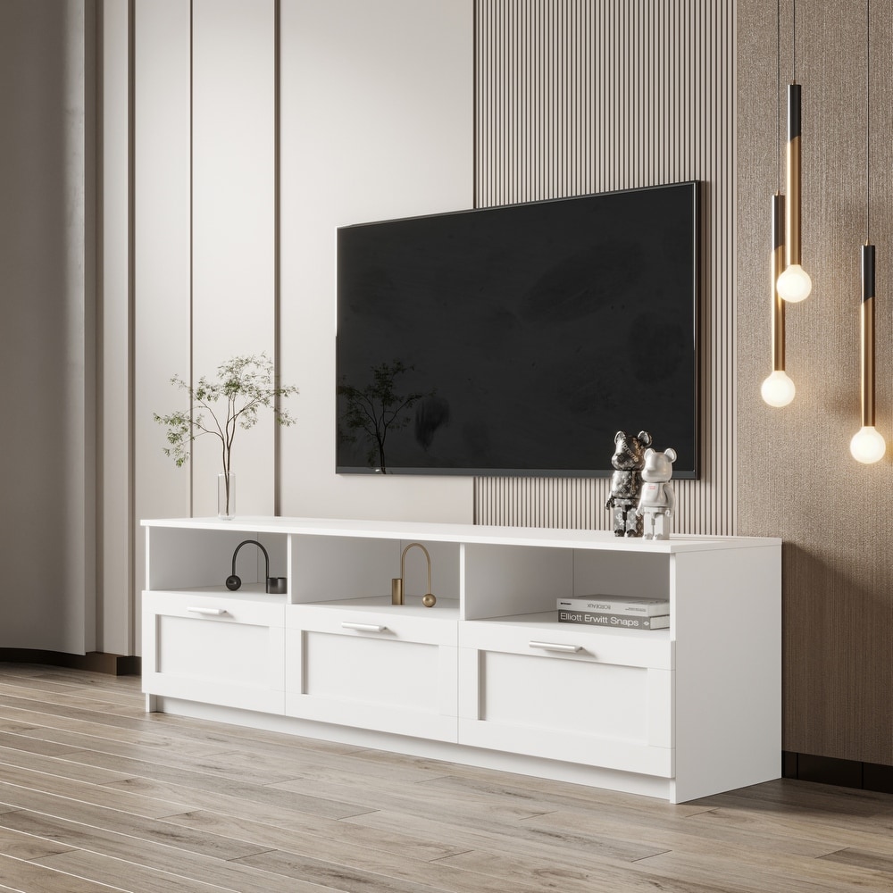 Modern TV Cabinet Stand for 80 inch TVs  Double Level Storage with 3 Open Spaces  3 Drawers