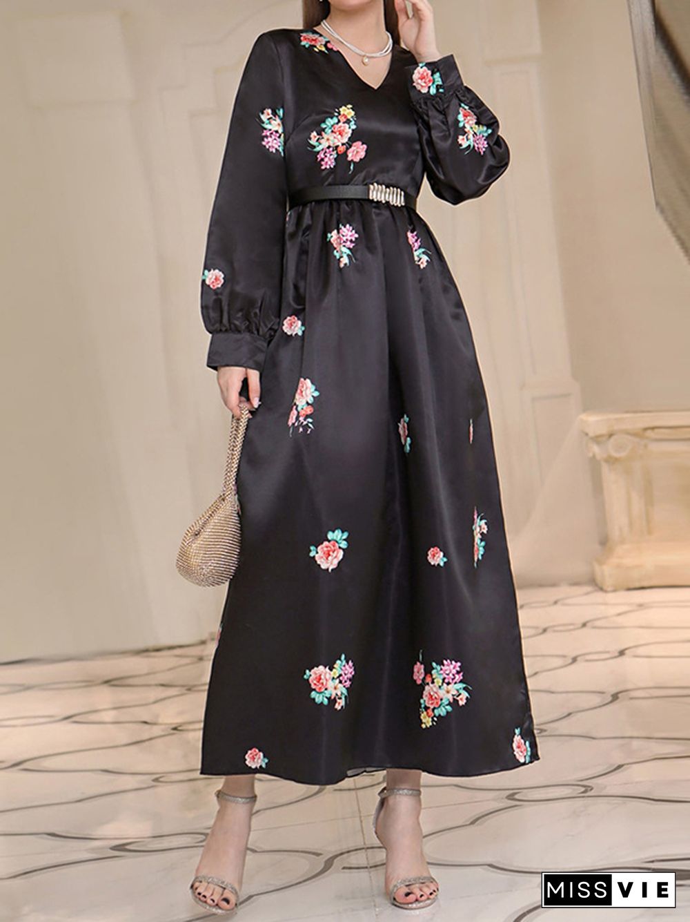 A-Line High Waisted Belted Flower Print V-Neck Maxi Dresses