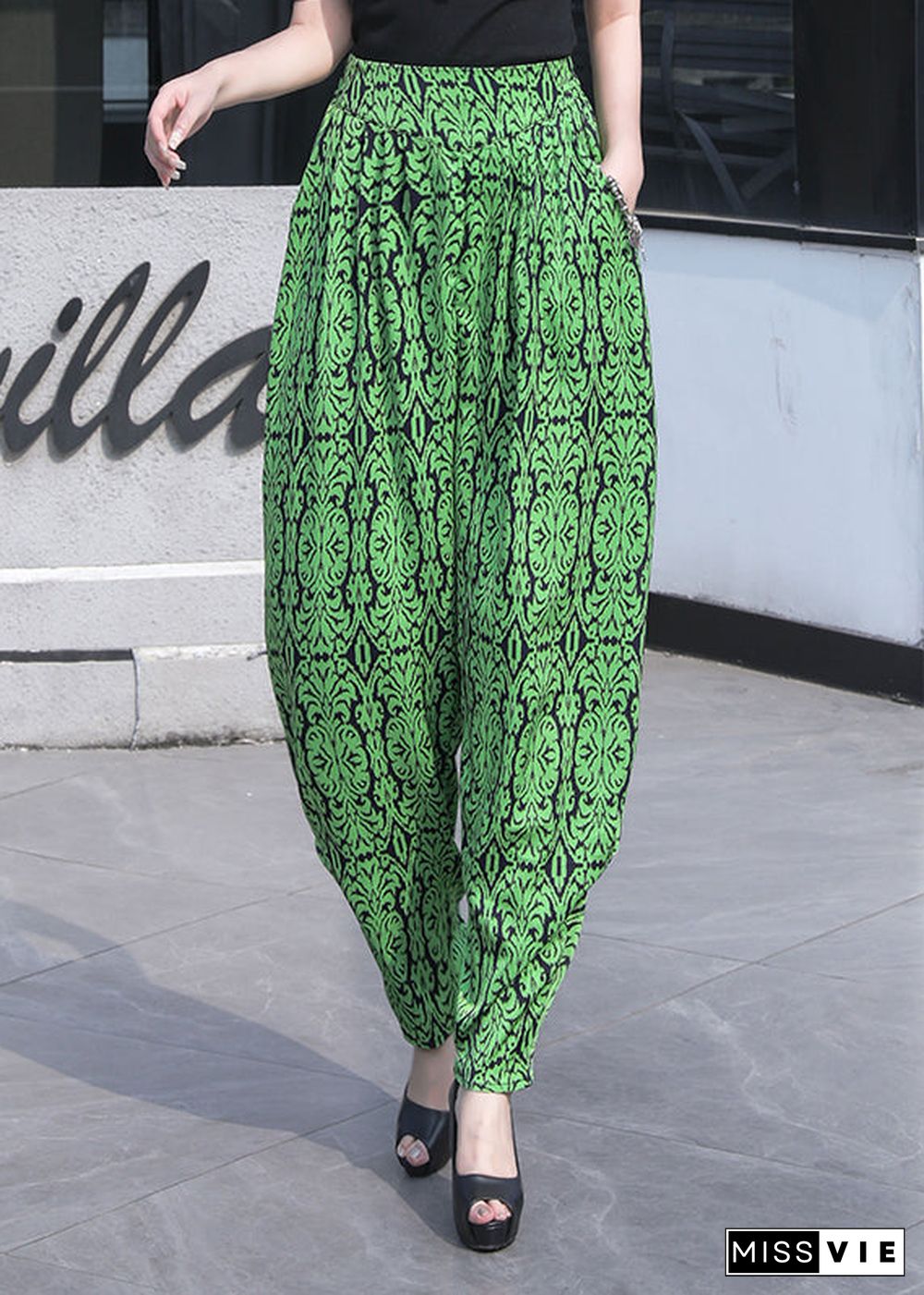 Women Grass Green Pockets Print Chiffon Lantern Pants Summer