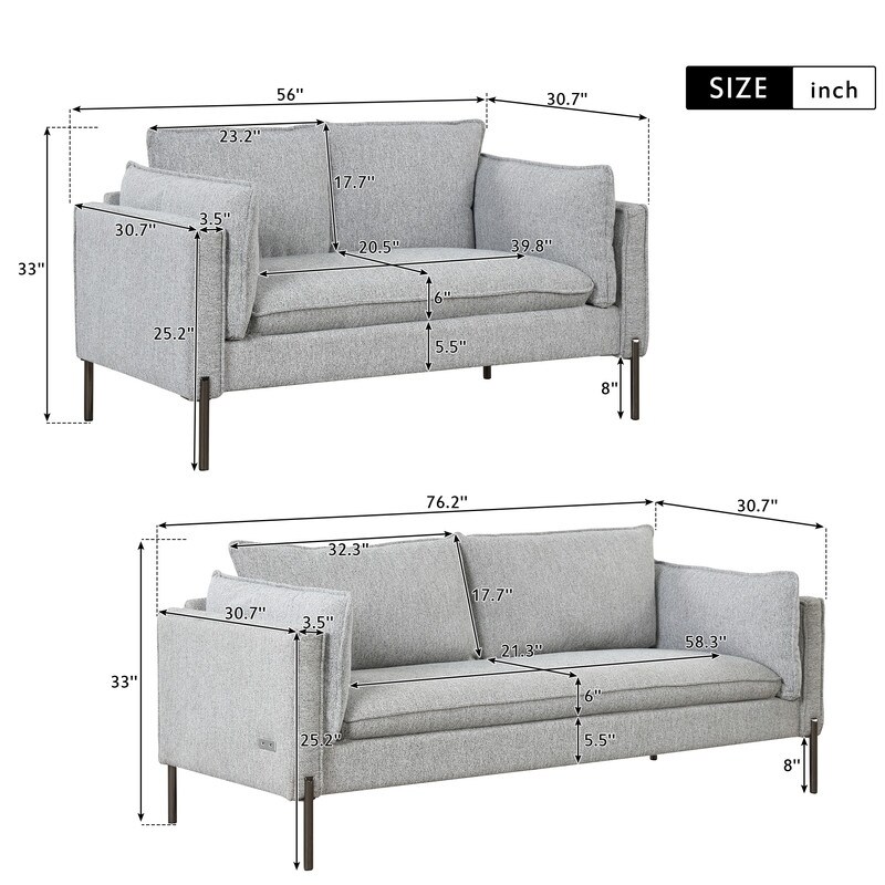 2 Piece Sofa Sets Modern Linen Fabric Upholstered  Loveseat and 3 Seat Couch Set Furniture with USB Charging Ports (2+3 seat)