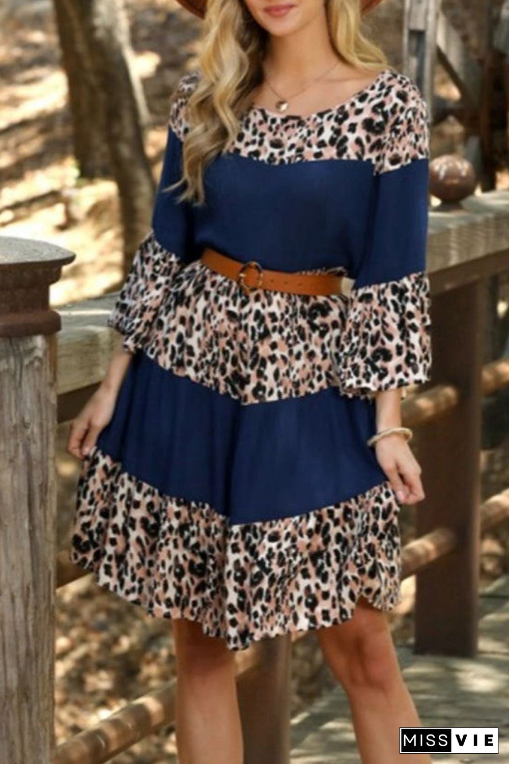 Leopard Splicing High Waist Long Sleeve Dress