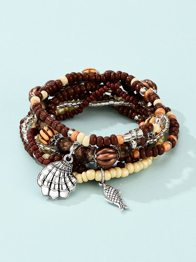 Bohemian Resort Style Shell Wood Multilayer Bracelet Set