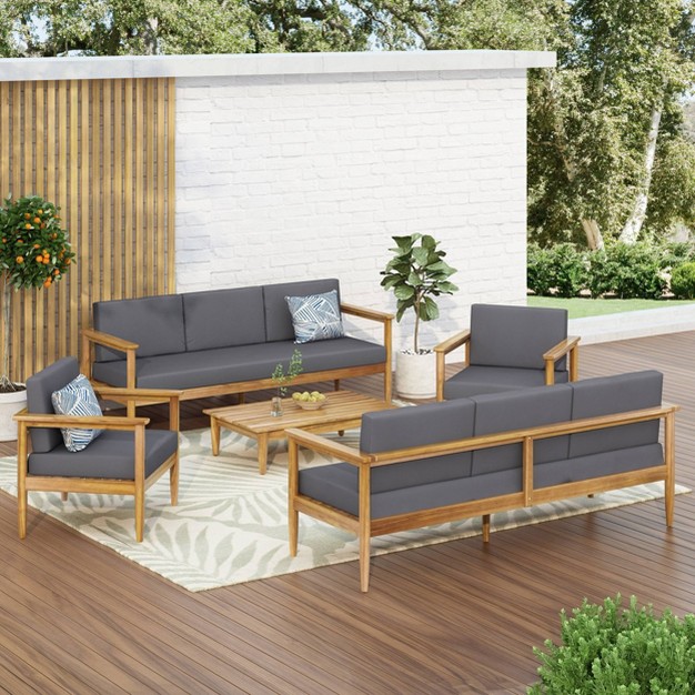 Magnolia 5pc Patio Acacia Wood Chat Set Teak dark Gray Christopher Knight Home