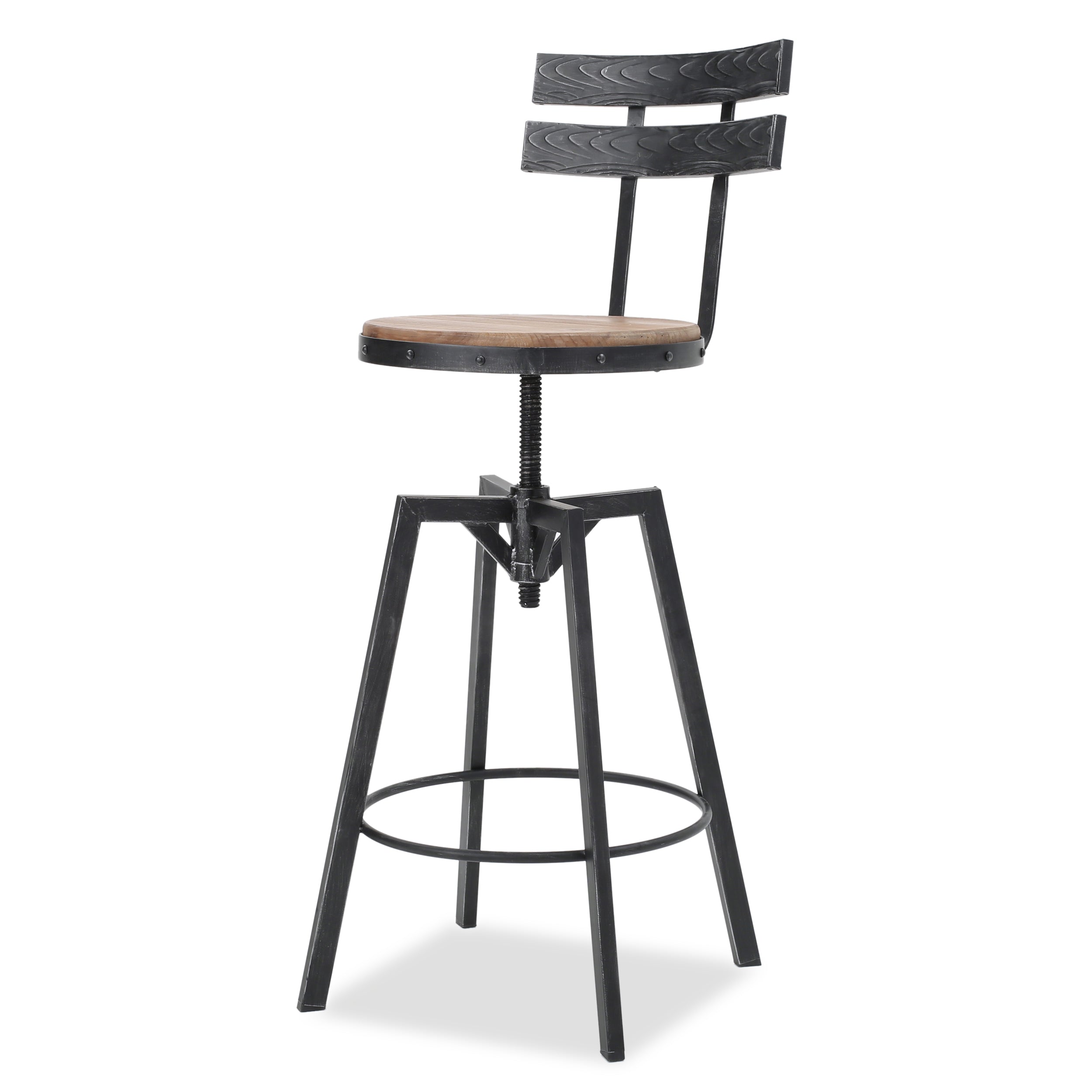 Theo Modern Industrial Firwood Adjustable Height Swivel Barstools, Set of 2, Natural and Black Brushed Silver