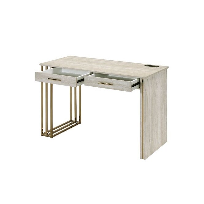 Contemporary Style Tyeid Built in USB Port Writing Desk  Antique White   Gold Finish  with 2 Storage Drawers   Metal Foot