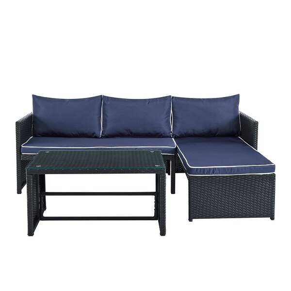 3 Pieces Patio Conversation Set，All Weather Outdoor PE Rattan Wicker Furniture Set with Cushions，Tempered Glass Coffee Table