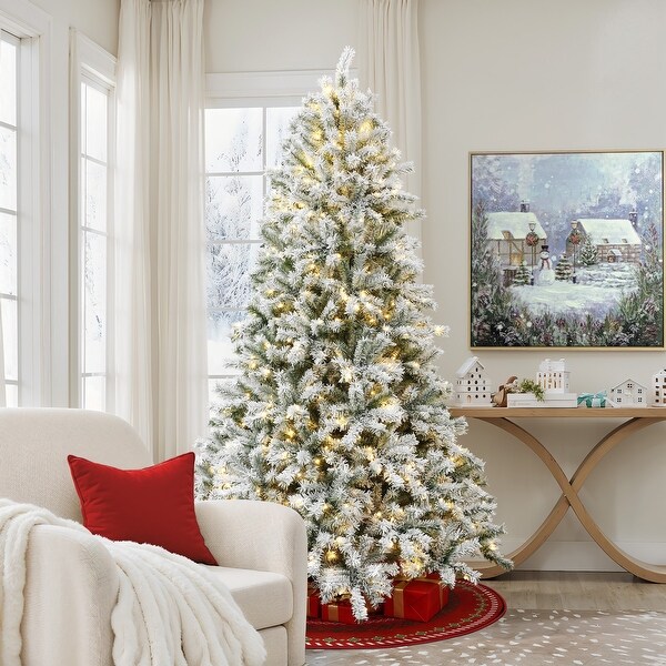 7.5Ft PreLit Hinged Snow Flocked Full Fir Artificial Christmas Tree with 8 Lighting Modes