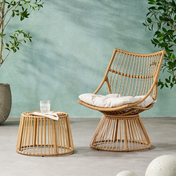 Faux Rattan Chair and Side Table with Iron Frame for Outdoor or Garden