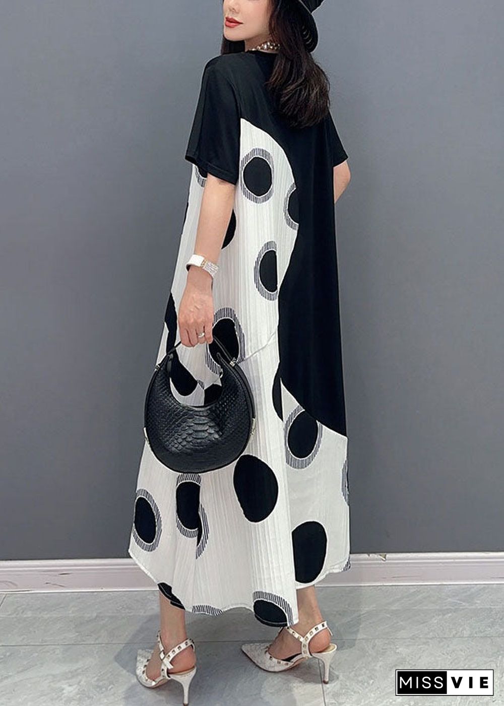 Art White O Neck Dot Print Patchwork Cotton Dresses Summer