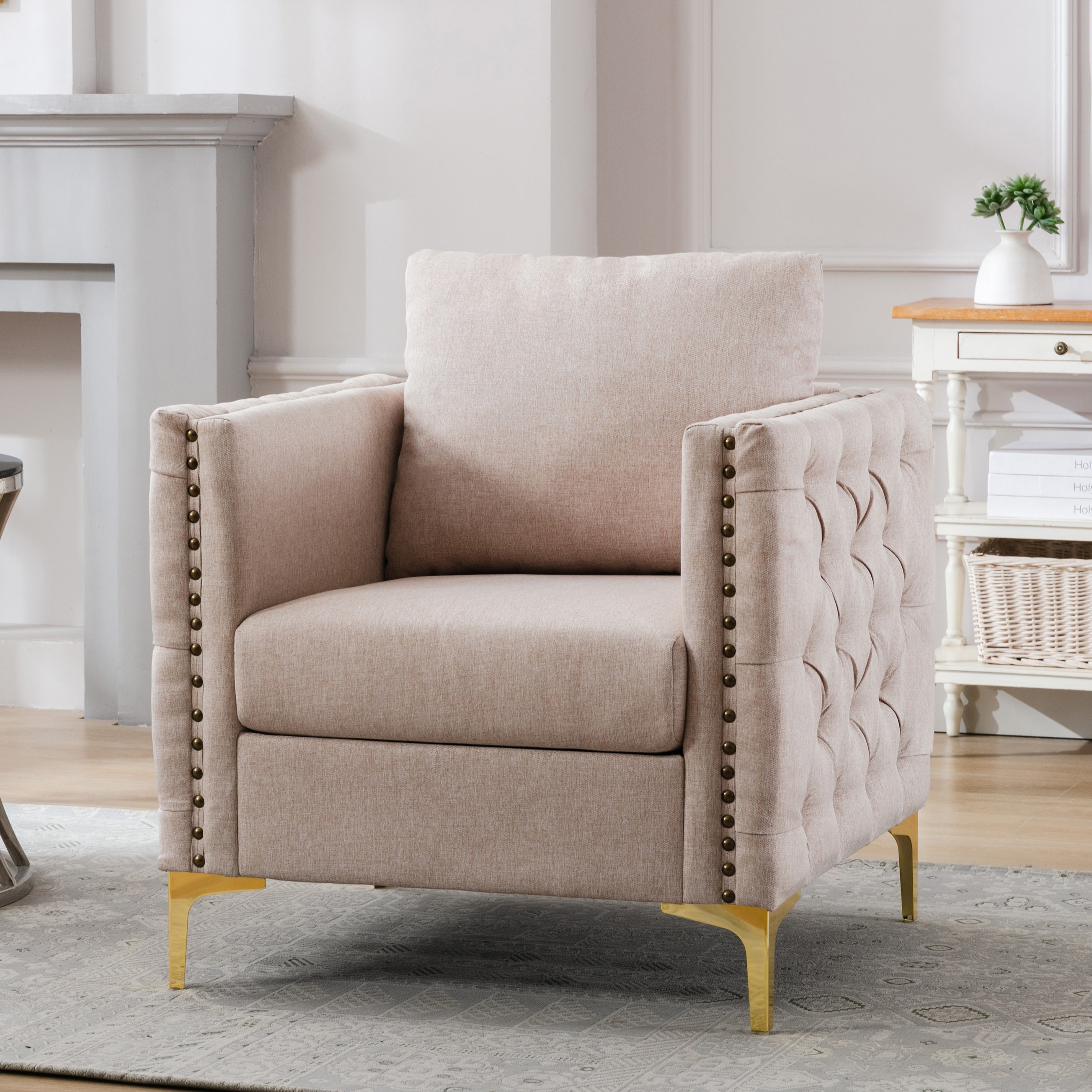 Modern Accent/Club Armchair， Tufted Button， Steel Legs