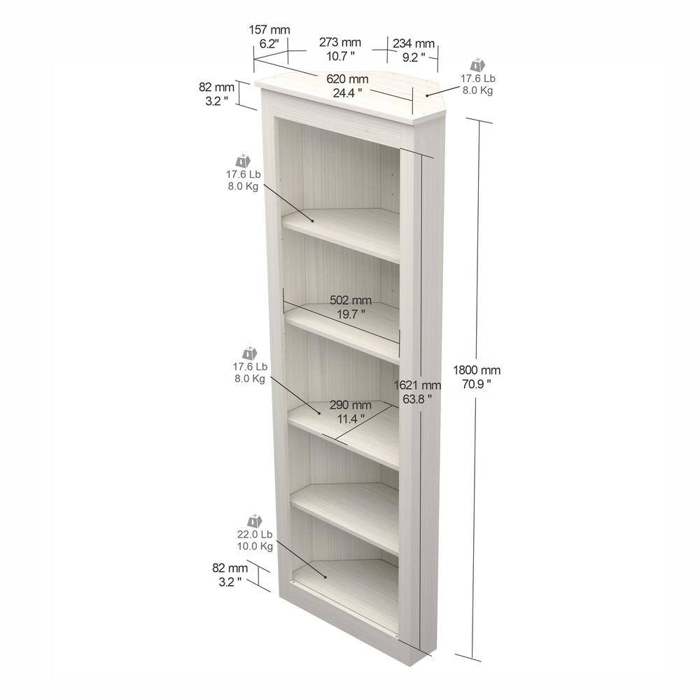 70.9 in. Washed Oak Wood 5-shelf Corner Bookcase BE-13104