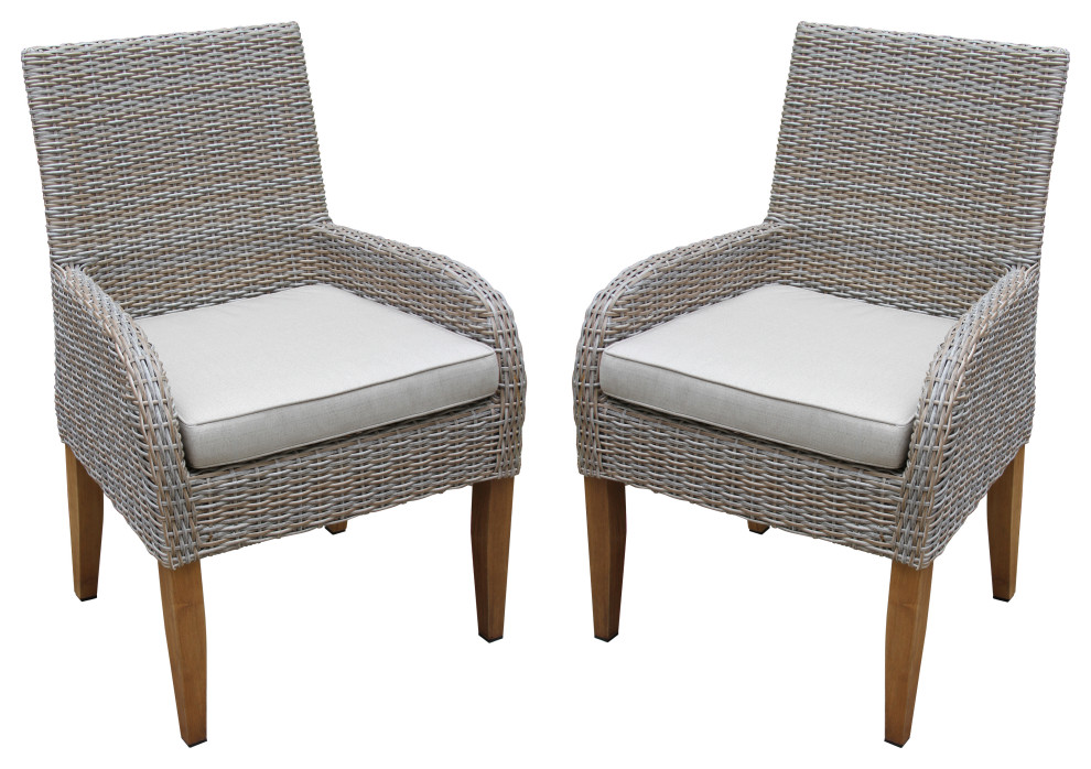 Teak and Ash Wicker Dining Armchairs With Sunbrella  Set of 2   Tropical   Outdoor Dining Chairs   by Outdoor Interiors  Houzz