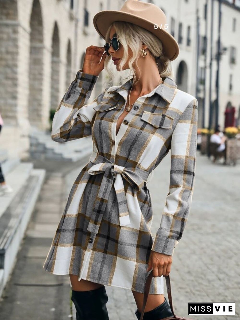 Autumn And Winter Coat Lapel Single-breasted Belt Coat Mid-length Plaid Loose Commuter Women's Woolen Coat