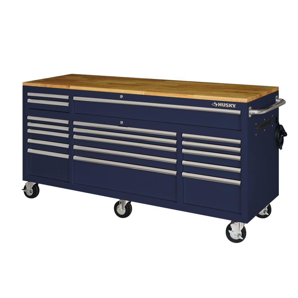 Husky 72 in. W x 24 in. D Standard Duty 18-Drawer Mobile Workbench Tool Chest with Solid Wood Top in Gloss Blue HOTC7218B31M