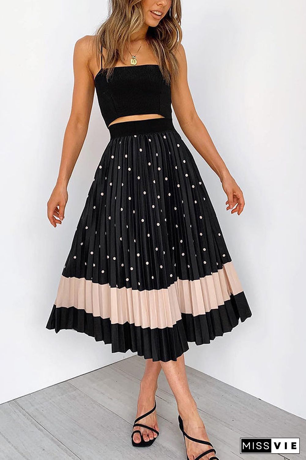 Polka Dot Color Block Pleated Midi Dress