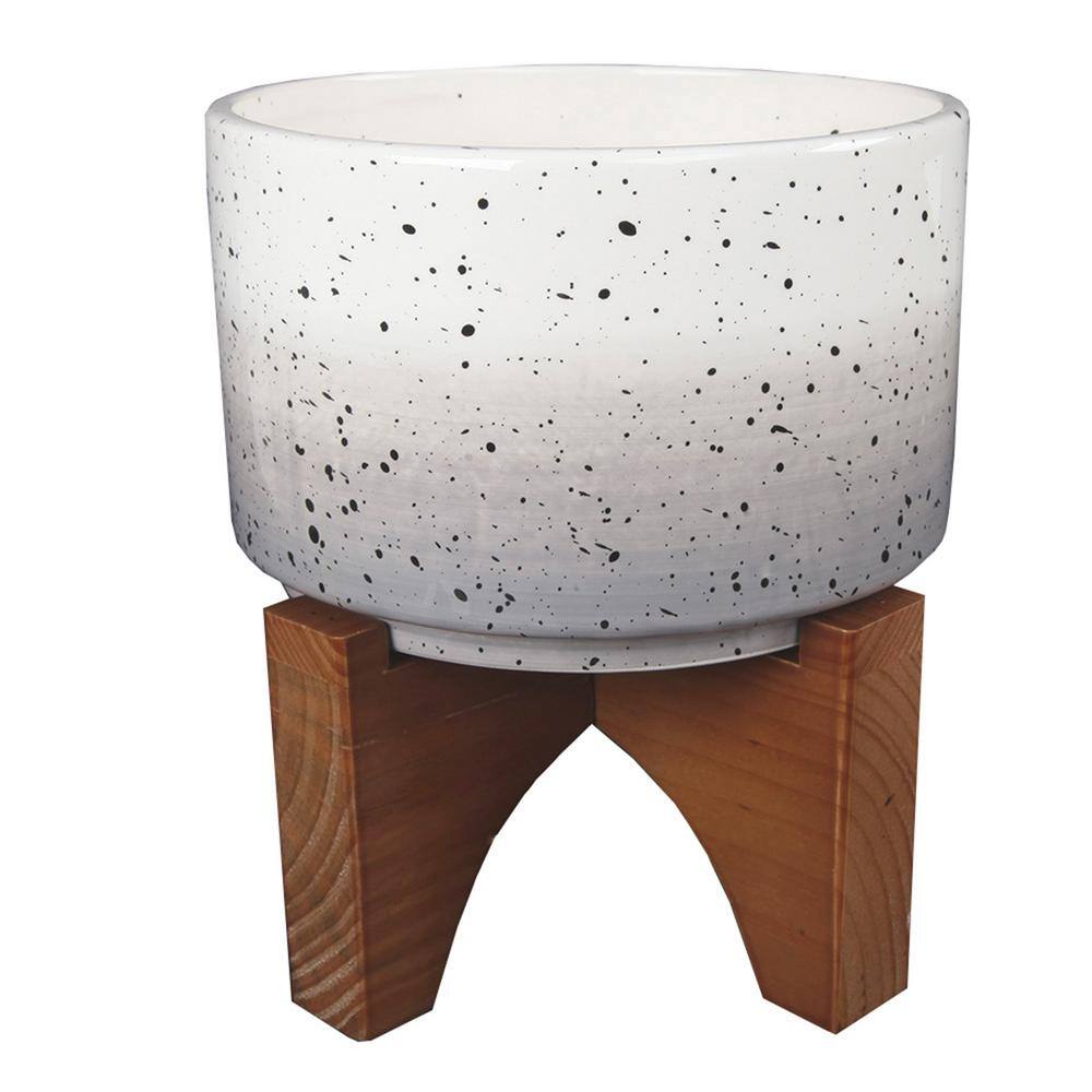 Flora Bunda 7 in. Grey Ombre W Specks Ceramic Pot on Wood Stand Mid-Century Planter EM1911E-GY