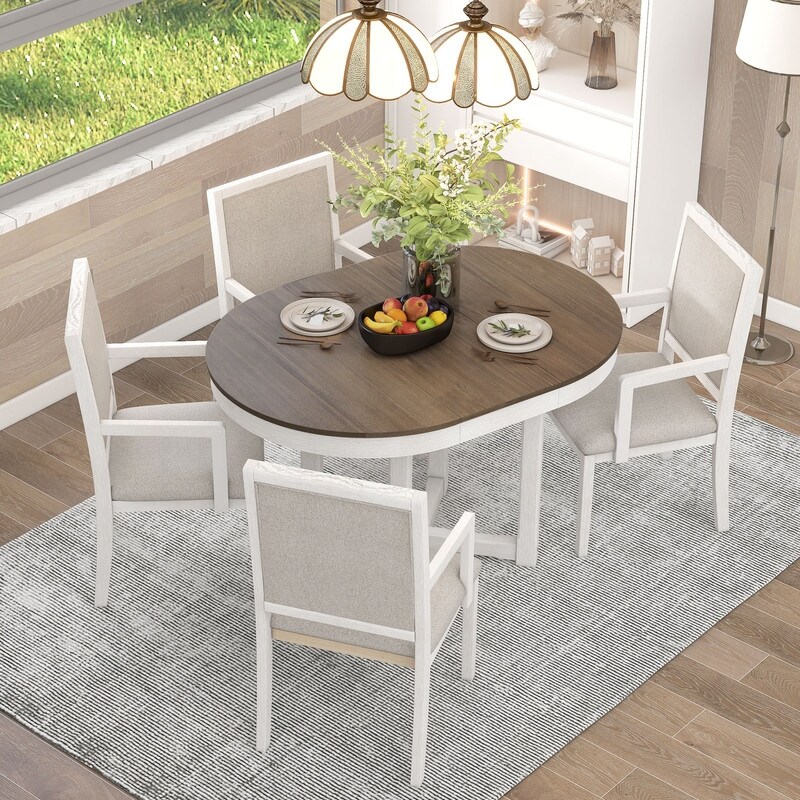 5 Piece Elegant Dining Table Set  Extendable Butterfly Leaf Wood Dining Table and 4 Upholstered Dining Chairs with Armrests