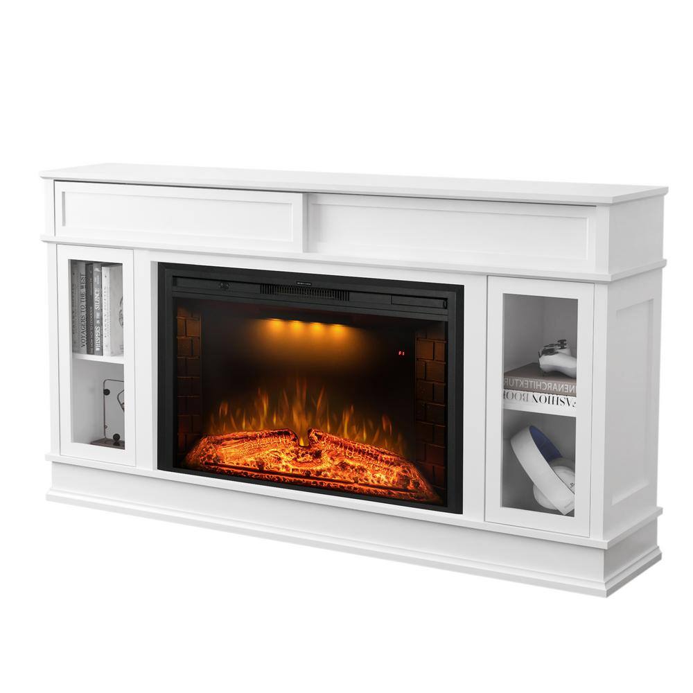 Prismaster ...keeps your home stylish 60 in. TV Stand for 65 in. TVs with Electric Fireplace Built-In Bookshelves Spring Pressed Glass Door White M09BL33WTPR04