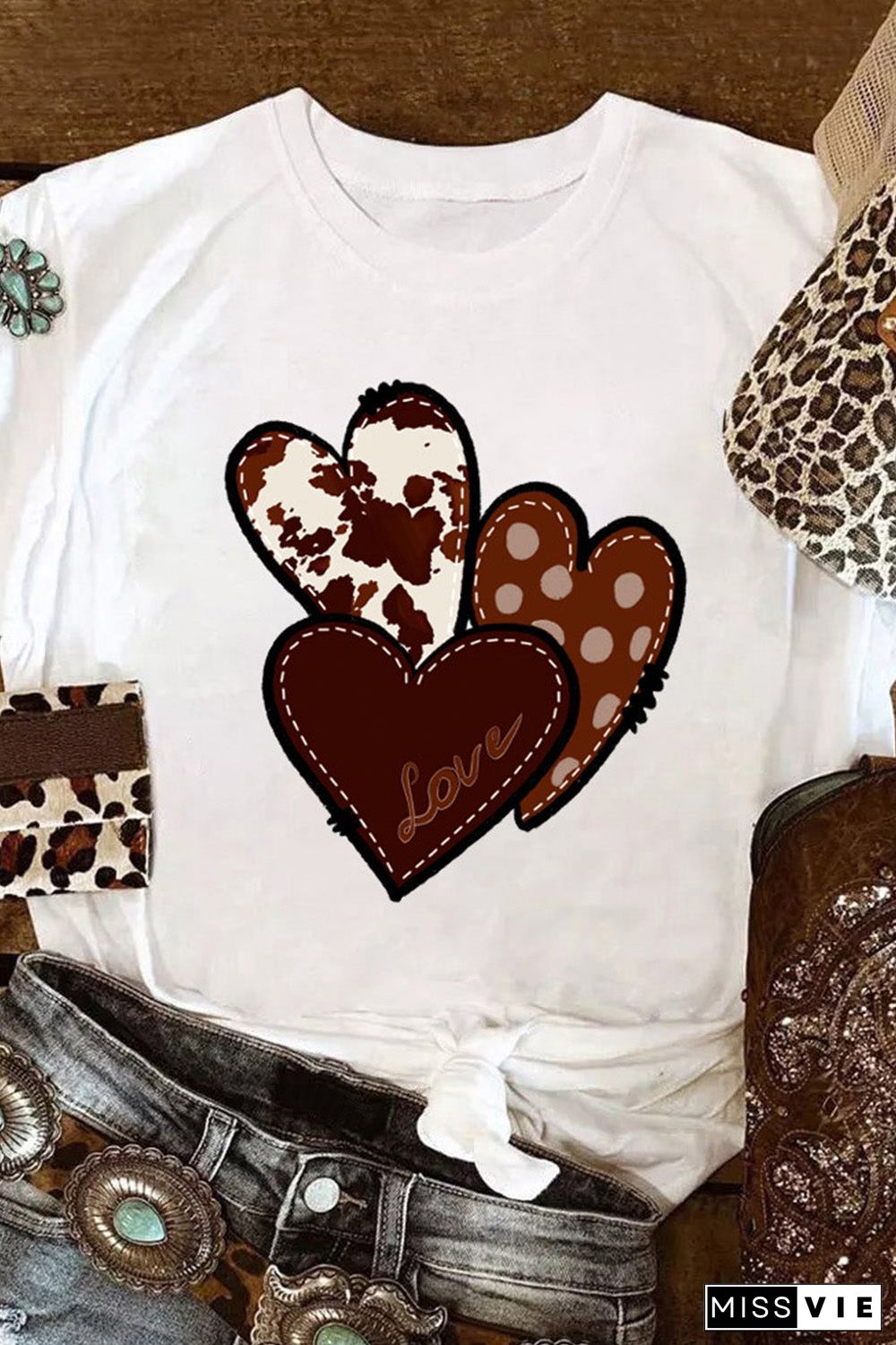 White Valentine'S Western Fashion Day Heart Print T-Shirt