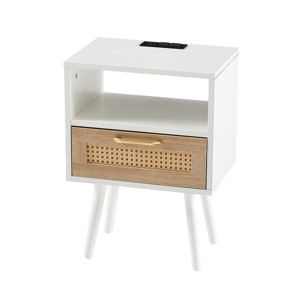 Rectangle MDF Rattan End Table Nightstand Side Table with Power Outlet and USB Ports - 15.75*11.81