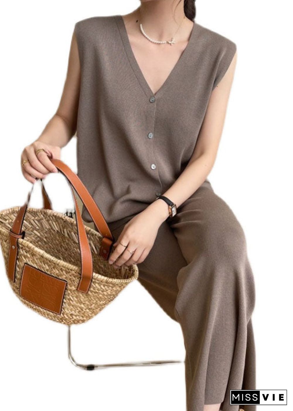 Stylish Coffee V Neck Tops And Pants Knit Two Piece Set Summer