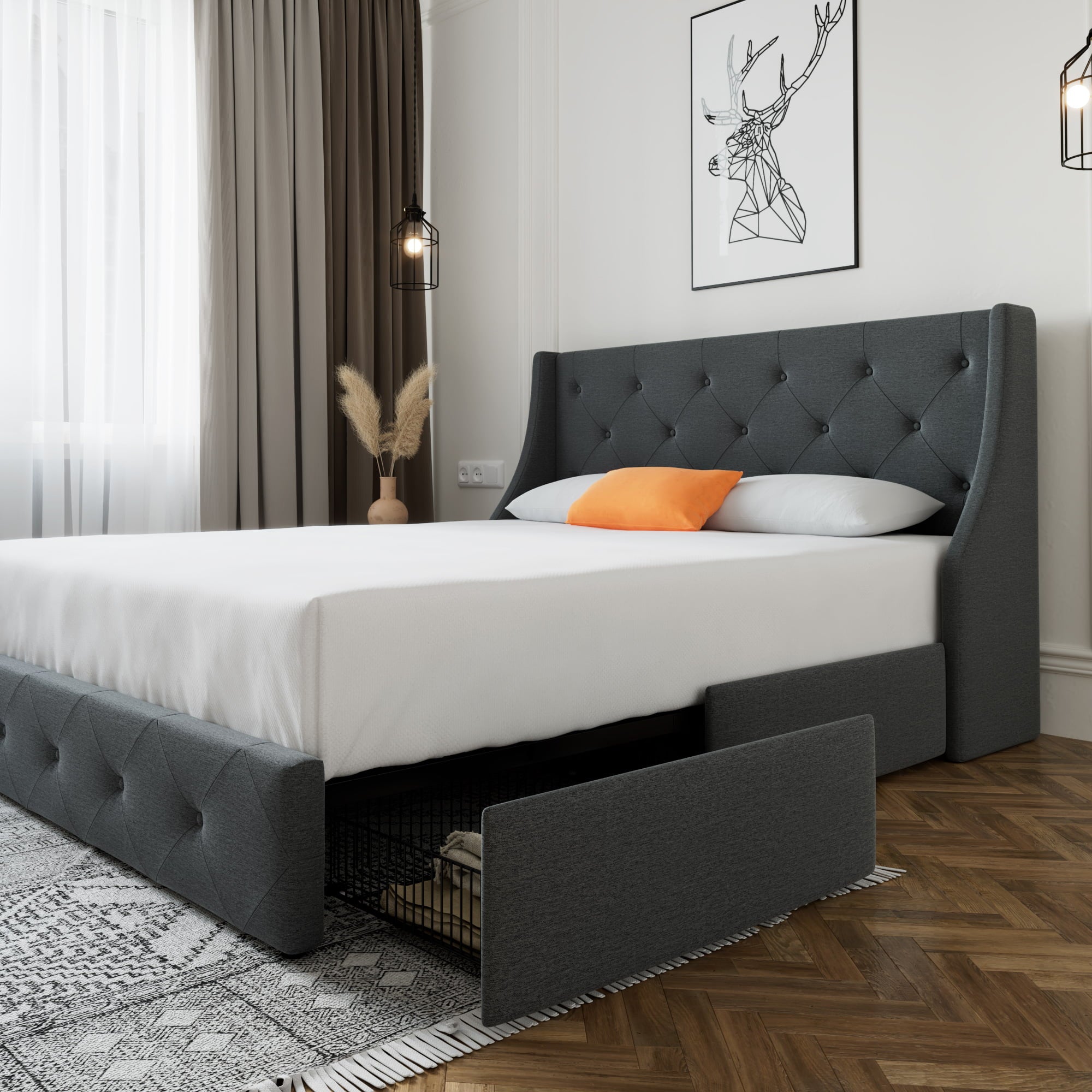 SHA CERLIN Upholstered Queen Size Platform Bed with 4 Storage Drawers and Wingback Headboard, Dark Grey