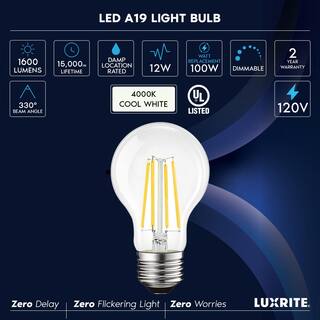 LUXRITE 100-Watt Equivalent A19 1600 Lumens Dimmable E26 Edison LED Light Bulb 12-Watt Damp Rated UL 4000K Cool White (2-Pack) LR21662-2PK