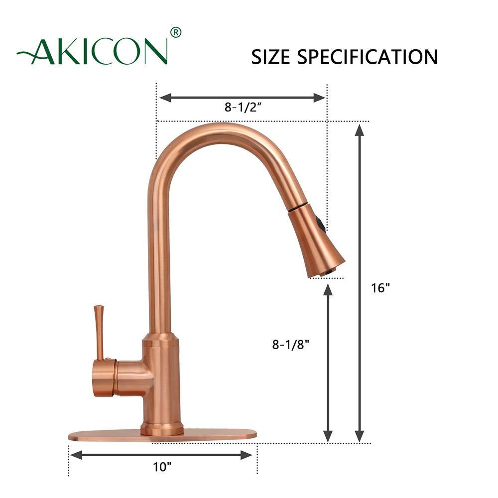 Akicon Single-Handle Pull Down Sprayer Kitchen Faucet with Deckplate in Brushed Copper AK96466-C