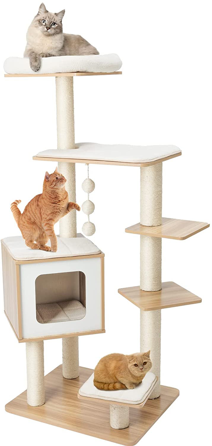 Arlopu 55” Tall Modern Cat Tree Tower for Indoor Cats, Wooden Cat Climbing Stand Furniture, 6 Level Platform Cat Activities Condo House w/Scratch Post, Washable Mats&Top Perch, for Kittens&Large Cats