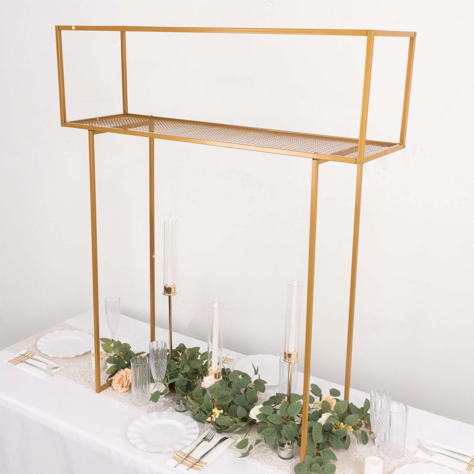 Gold Heavy Duty Metal Rectangular Centerpiece Stand, Tall Floral Arrangement Tabletop Display Rack 48