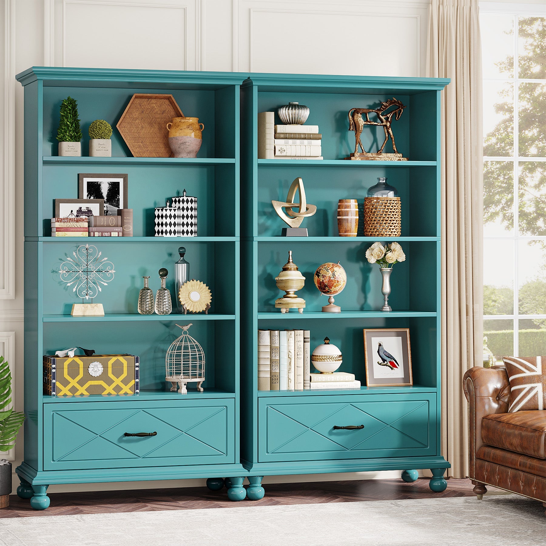 6-Shelf Bookcase with Drawer, 71 Bookshelf with Solid Wood Legs