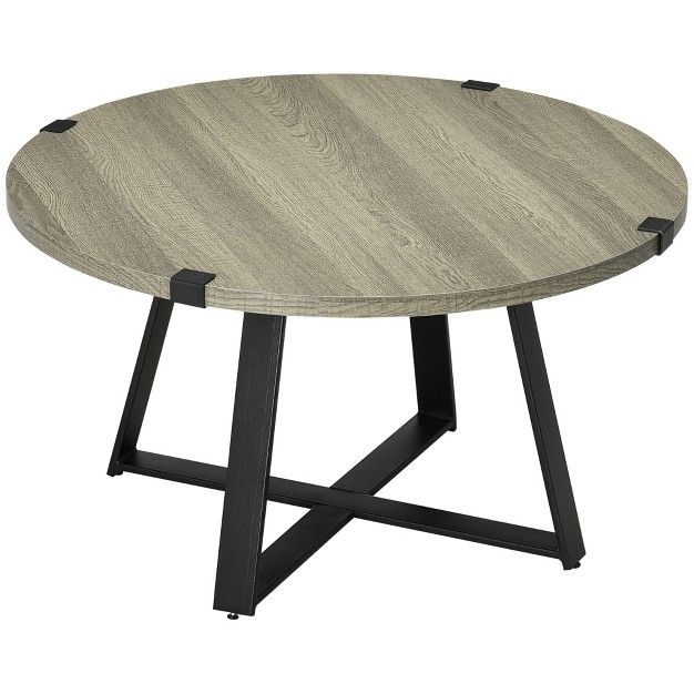 Homcom Round Coffee Table Accent Center Table Steel Legs Living Room Furniture Wooden Coffee Table Light Gray