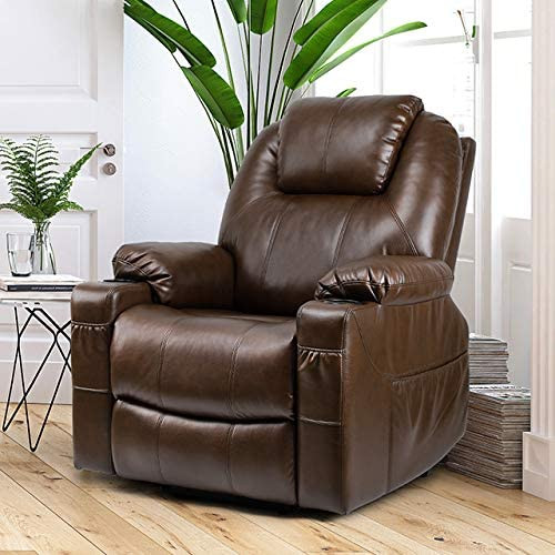 Power Lift Recliner  Faux Leather Seat and Back With 8 Vibrations Points  Brown   Transitional   Recliner Chairs   by Decorn  Houzz