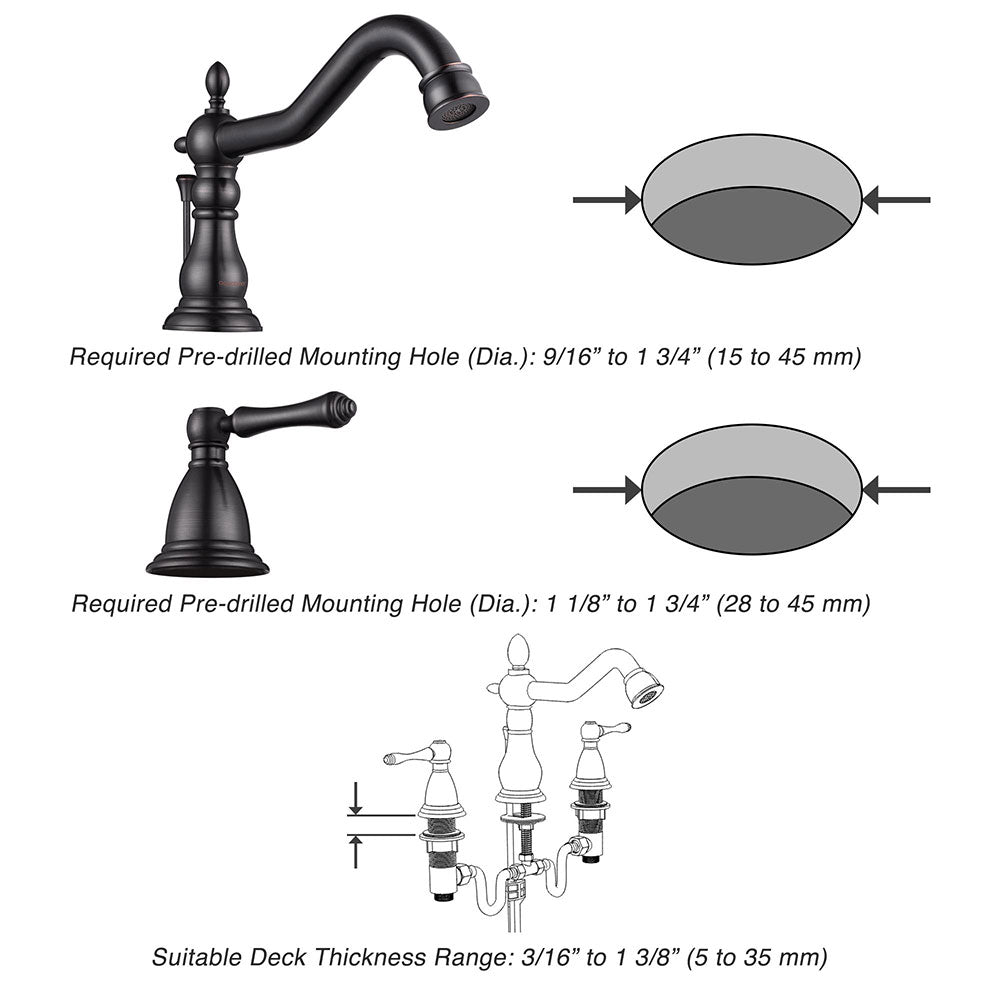 Aquaterior Widespread Faucet w/ Drain 3-Hole 2-Handle Cold Hot 6