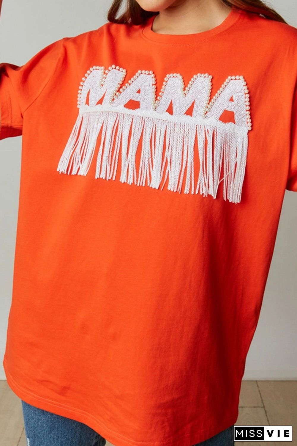 Orange Fringe Trim Beaded MAMA Lettering Oversize T Shirt