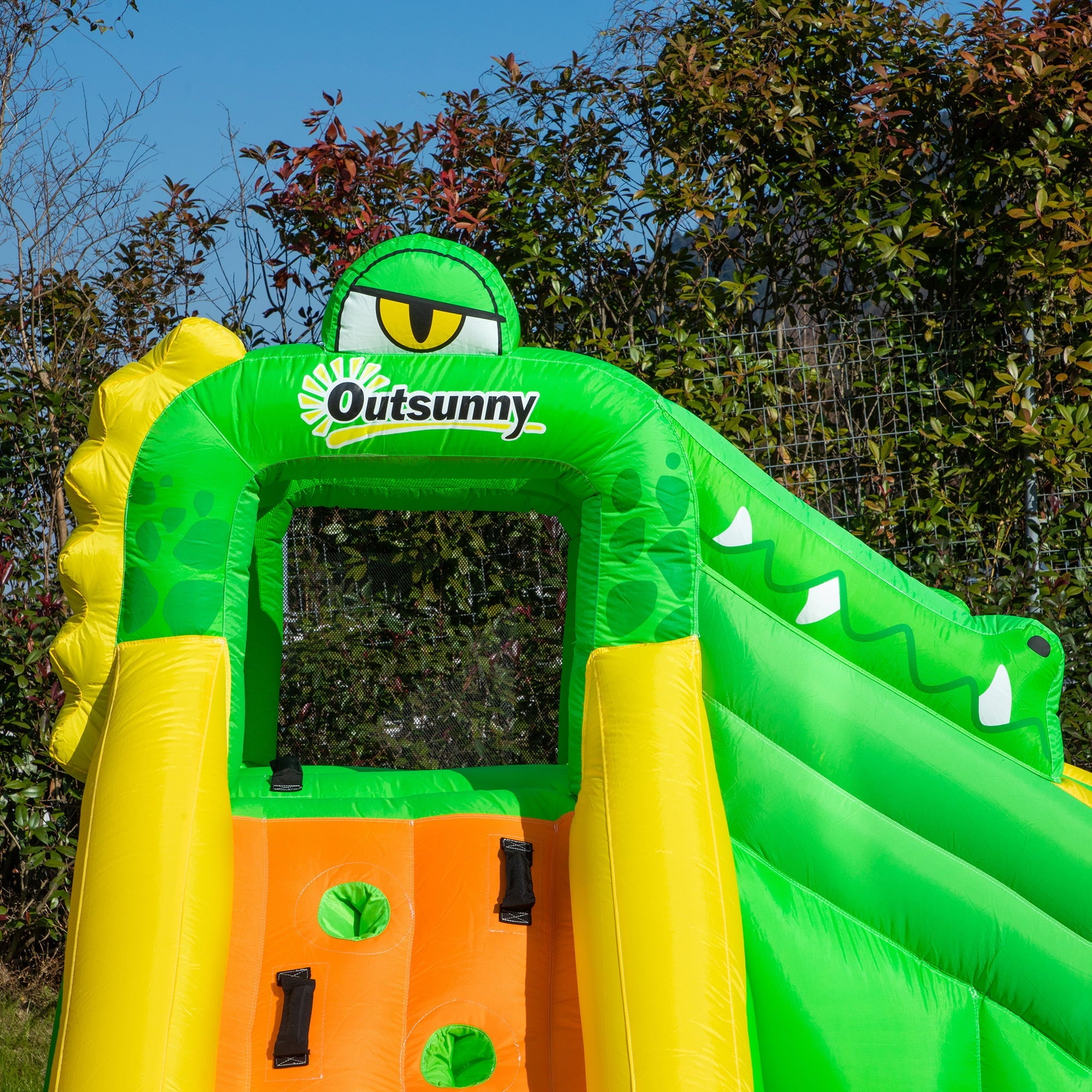 Outsunny 5 in 1 Inflatable Water Slide, Crocodile Style Water Park Bounce House Castle with Slide, Pool, Hoop, Water Cannon, Climbing Wall, Include Air Blower