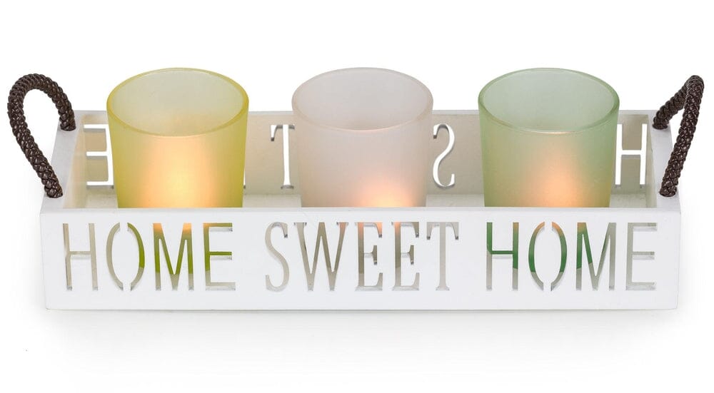 Home Sweet Home 3 Glass Candle Holder Set, LED Tealights and Decorative Tray