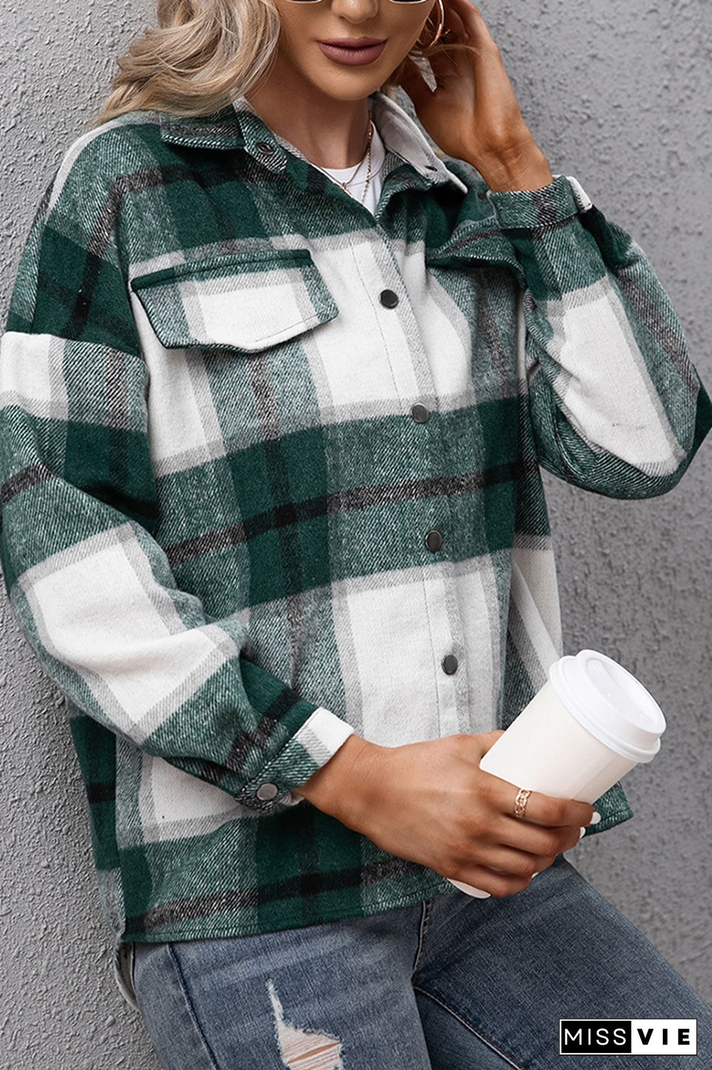 Plaid Turn Down Neck Button Down Shacket Jacket Women Wholesale