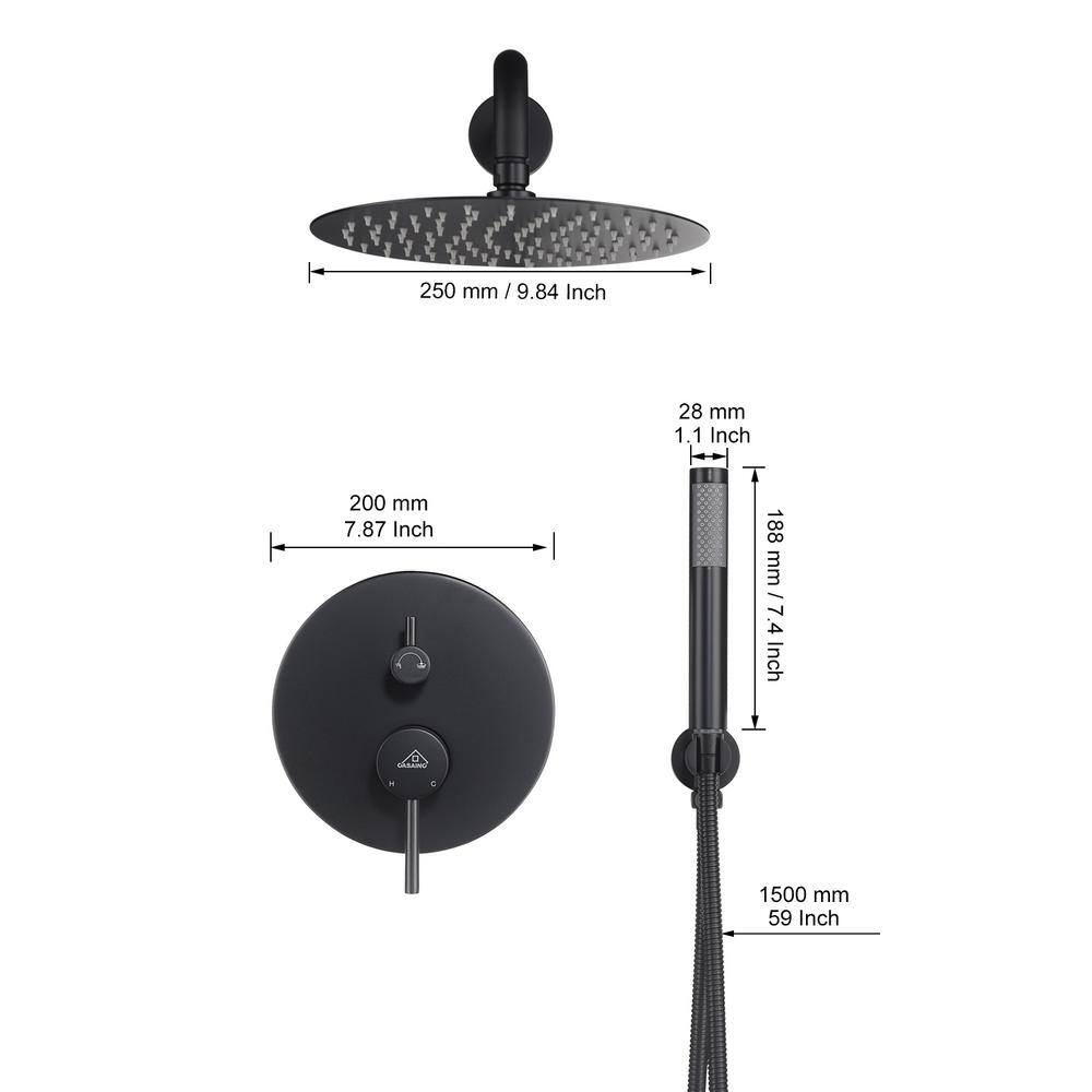 CASAINC 1-Spray Patterns Round 2-Functions 10 in. Wall Mount Dual Shower Heads with Handheld in Matte Black M6610-A-10-MB