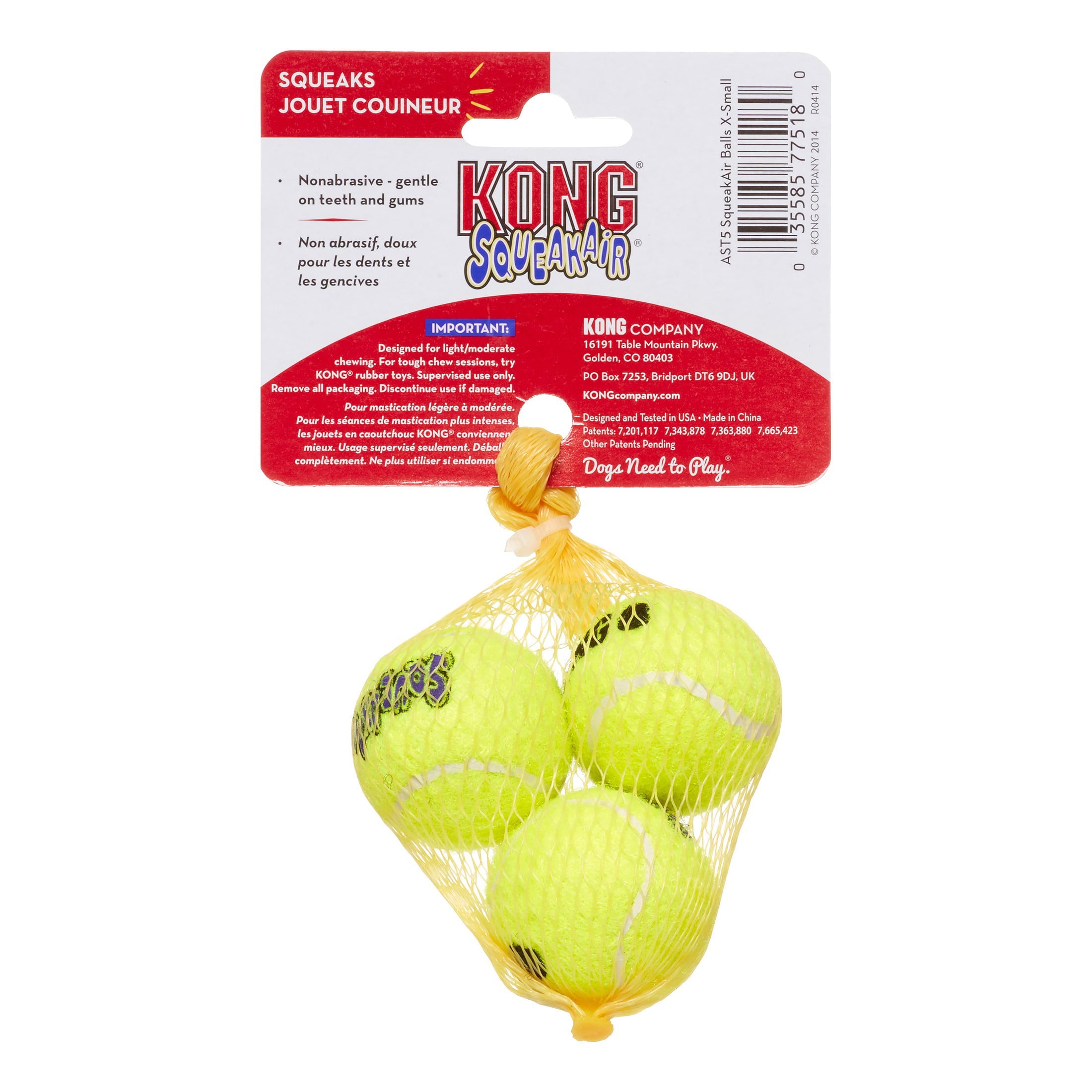 KONG Airdog Squeaker Ball Dog Toy， X-Small， 3 Count