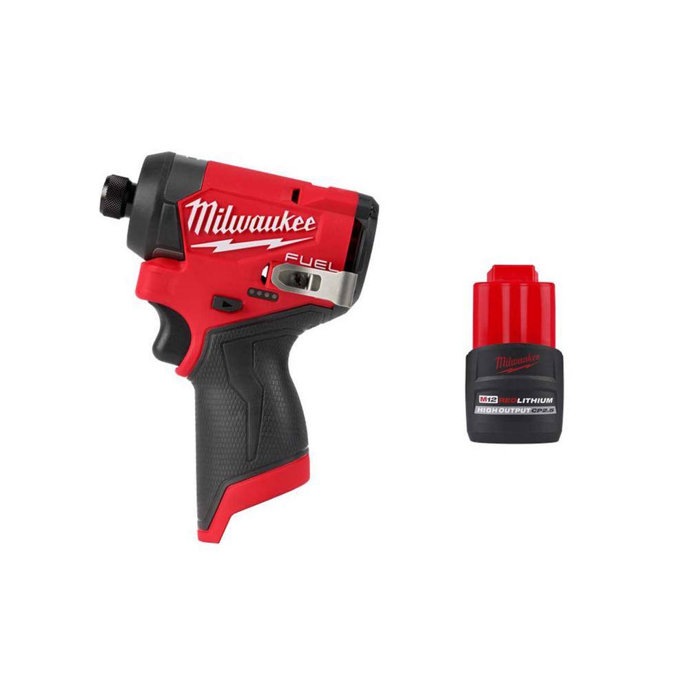 MW M12 FUEL 12V Lithium-Ion Brushless Cordless 14 in. Hex Impact Driver wCP High Output 2.5 Ah Battery Pack 3453-20-48-11-2425